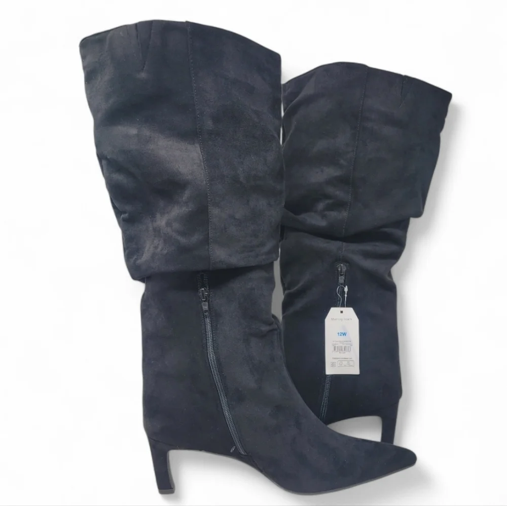 Black Knee High Slouch Pointed Toe Boots Size 12 Wide